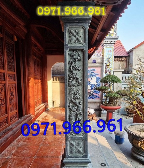 mẫu cột đá tự nhiên nguyên khối trước hiên nhà gia đình, nhà thờ, cột đá xanh đen phong thủy trước nhà thờ dòng họ, cột đá nhà gỗ chạm khắc hoa văn tinh sảo, cột đá đồng trụ, sân vườn, cột đá đình chùa bền vững cho khách hàng