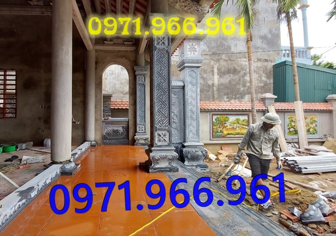 mẫu cột đá tự nhiên nguyên khối trước hiên nhà gia đình, nhà thờ, cột đá xanh đen phong thủy trước nhà thờ dòng họ, cột đá nhà gỗ chạm khắc hoa văn tinh sảo, cột đá đồng trụ, sân vườn, cột đá đình chùa bền vững cho khách hàng