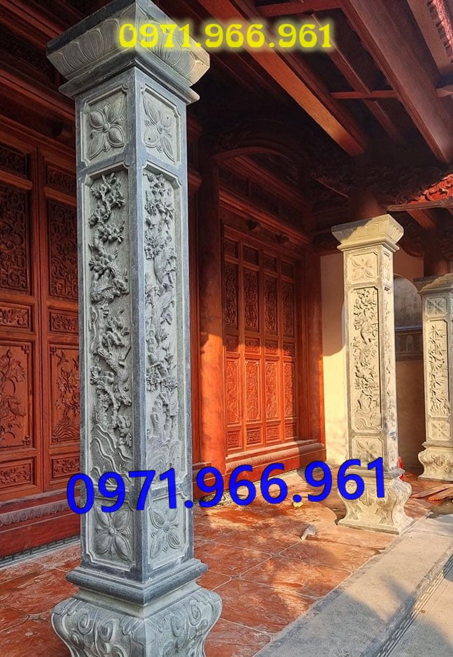 mẫu cột đá tự nhiên nguyên khối trước hiên nhà gia đình, nhà thờ, cột đá xanh đen phong thủy trước nhà thờ dòng họ, cột đá nhà gỗ chạm khắc hoa văn tinh sảo, cột đá đồng trụ, sân vườn, cột đá đình chùa bền vững cho khách hàng
