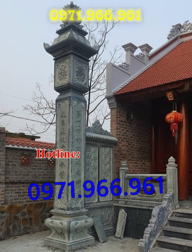 mẫu cột đá tự nhiên nguyên khối trước hiên nhà gia đình, nhà thờ, cột đá xanh đen phong thủy trước nhà thờ dòng họ, cột đá nhà gỗ chạm khắc hoa văn tinh sảo, cột đá đồng trụ, sân vườn, cột đá đình chùa bền vững cho khách hàng