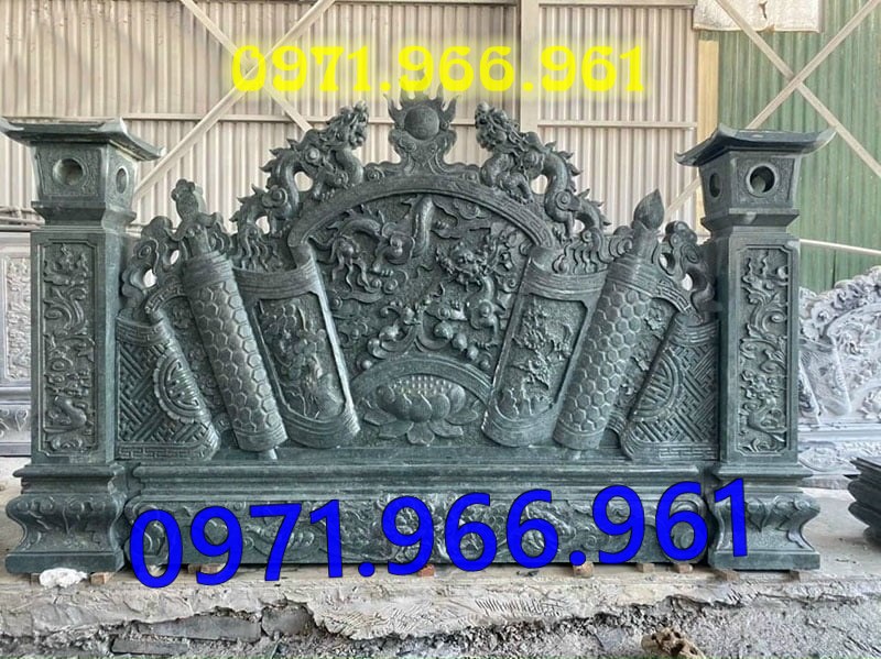 cuốn thư hay còn gọi bức bình phong trấn trạch bằng đá tự nhiên nguyên khối được đặt trong sân nhà thờ họ,bức cuốn thư chạm rồng phượng trước khu tâm linh đình làng, bức bình phong phong thủy đá xanh rêu trước khu lăng mộ gia đình đẹp, chuyên thiết kế cuốn thư bình phong theo yêu cầu khách hàng