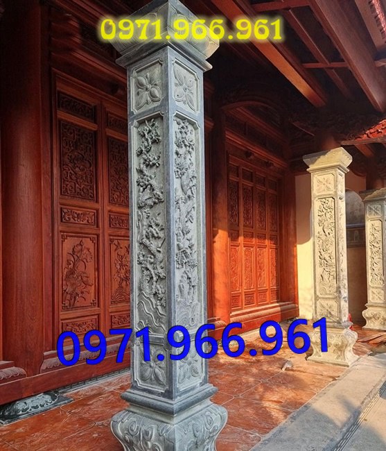 mẫu cột đá tự nhiên nguyên khối trước hiên nhà gia đình, nhà thờ, cột đá xanh đen phong thủy trước nhà thờ dòng họ, cột đá nhà gỗ chạm khắc hoa văn tinh sảo, cột đá đồng trụ, sân vườn, cột đá đình chùa bền vững cho khách hàng
