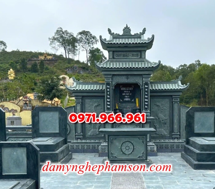 mẫu nghĩa trang nhà mồ cho khu lăng mộ dòng họ, gia đình bằng đá xanh rêu, xanh đen đẹp nhất hiện nay, khu nghĩa trang bằng đá tự nhiên nguyên khối chất lượng cao, khu nghĩa trang nhà mồ đá phong thủy chuẩn tâm linh được chạm khắc hoa văn tinh xảo theo yêu cầu khách hàng