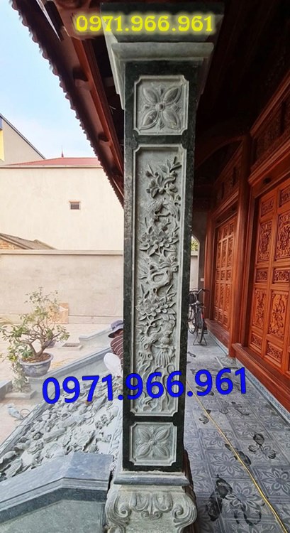 mẫu cột đá tự nhiên nguyên khối trước hiên nhà gia đình, nhà thờ, cột đá xanh đen phong thủy trước nhà thờ dòng họ, cột đá nhà gỗ chạm khắc hoa văn tinh sảo, cột đá đồng trụ, sân vườn, cột đá đình chùa bền vững cho khách hàng