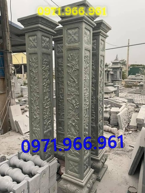 mẫu cột đá tự nhiên nguyên khối trước hiên nhà gia đình, nhà thờ, cột đá xanh đen phong thủy trước nhà thờ dòng họ, cột đá nhà gỗ chạm khắc hoa văn tinh sảo, cột đá đồng trụ, sân vườn, cột đá đình chùa bền vững cho khách hàng