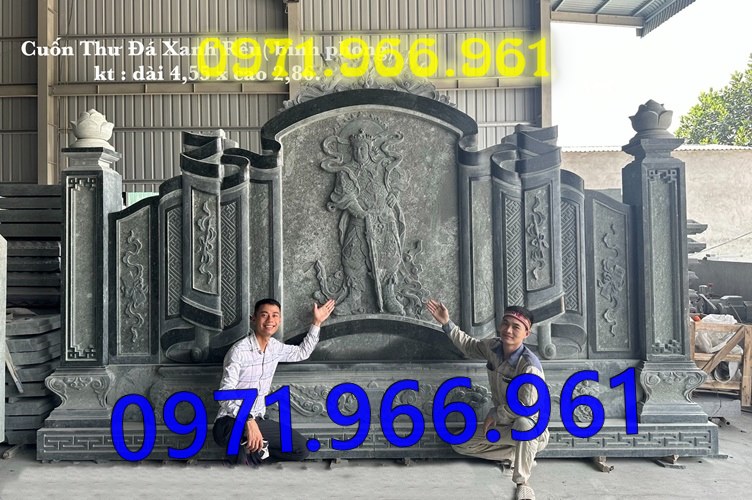 cuốn thư hay còn gọi bức bình phong trấn trạch bằng đá tự nhiên nguyên khối được đặt trong sân nhà thờ họ,bức cuốn thư chạm rồng phượng trước khu tâm linh đình làng, bức bình phong phong thủy đá xanh rêu trước khu lăng mộ gia đình đẹp, chuyên thiết kế cuốn thư bình phong theo yêu cầu khách hàng